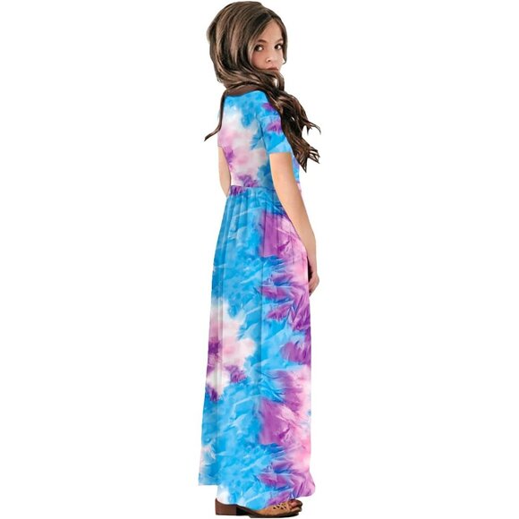 🆕Girls Tie Dye Dress Kids Short Sleeve Casual Loose Fit Maxi with Pockets - Picture 5 of 6